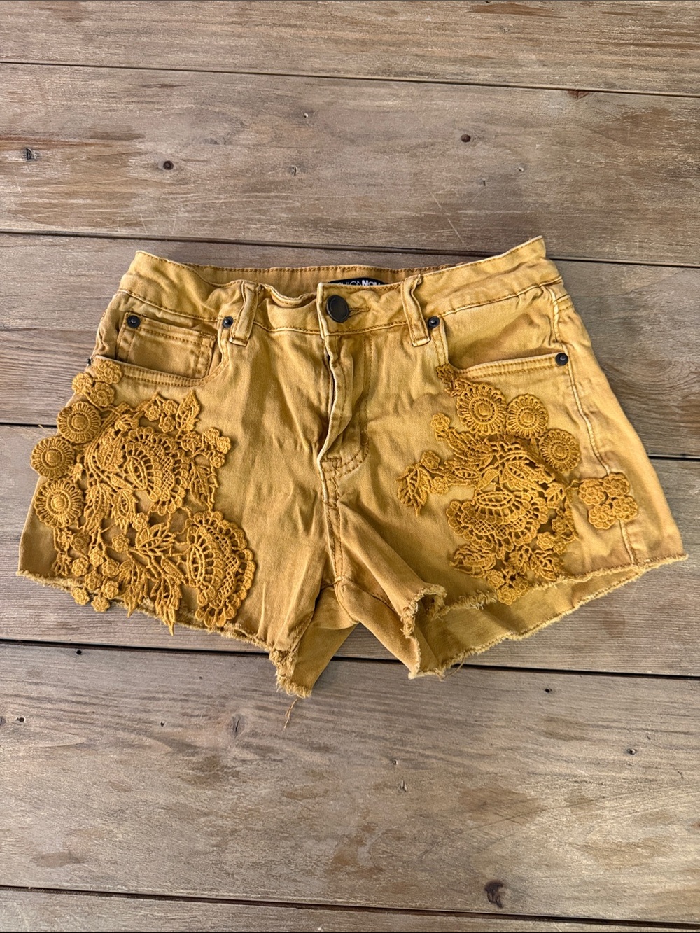 Fashion Nova Mustard Yellow Crochet Appliqué Denim Shorts